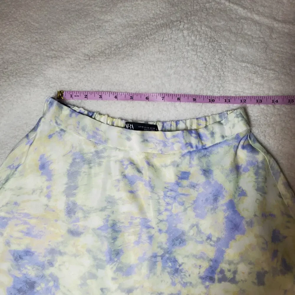 🔥 Zara XS Purple Lilac Yellow White Tie Dye Mini Skirt Satin Viscose Silky - Picture 11 of 15